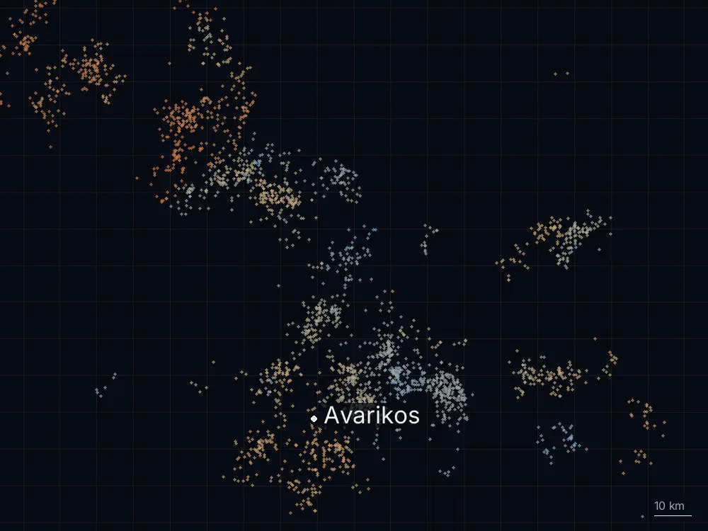 Karte der Blitze bei Avarikos am Dienstag, 18. August 2026