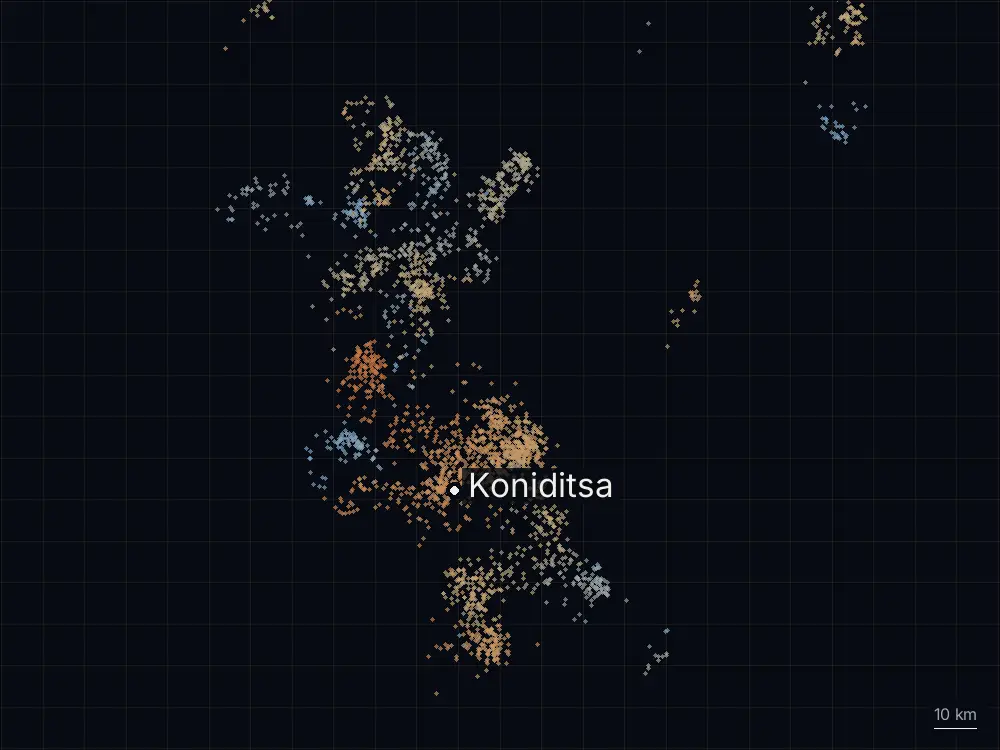 Karte der Blitze bei Koniditsa am Dienstag, 18. August 2026
