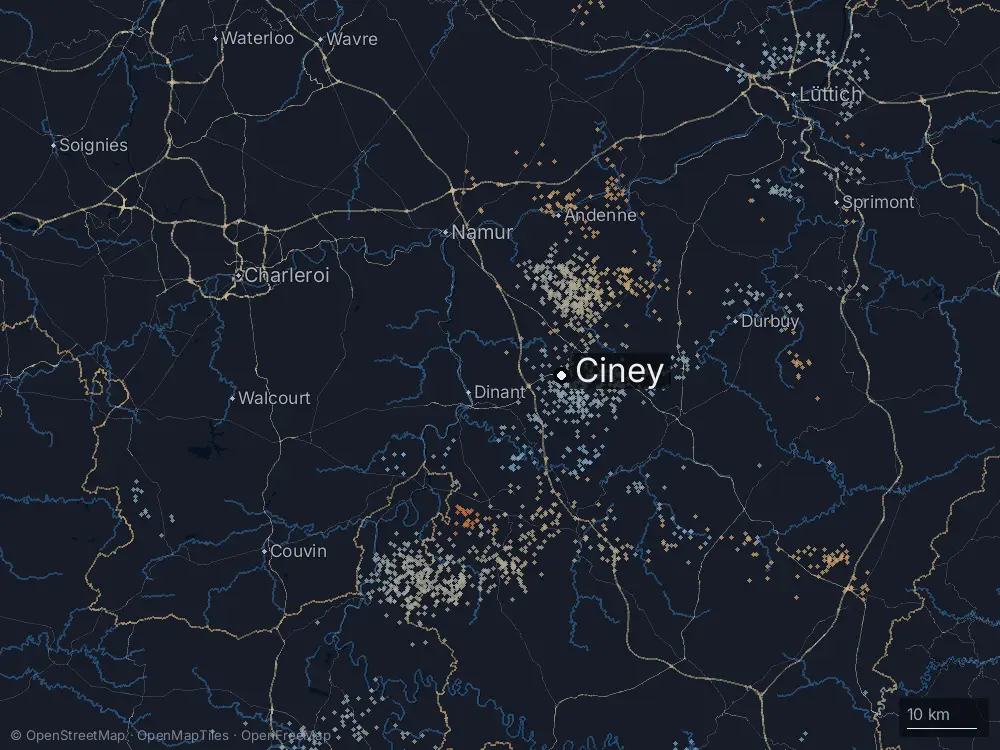 Karte der Blitze bei Ciney am Freitag, 21. August 2026