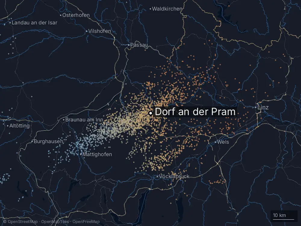 Karte der Blitze bei Dorf an der Pram am Freitag, 21. August 2026