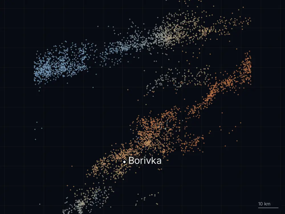Karte der Blitze bei Borivka am Samstag, 22. August 2026