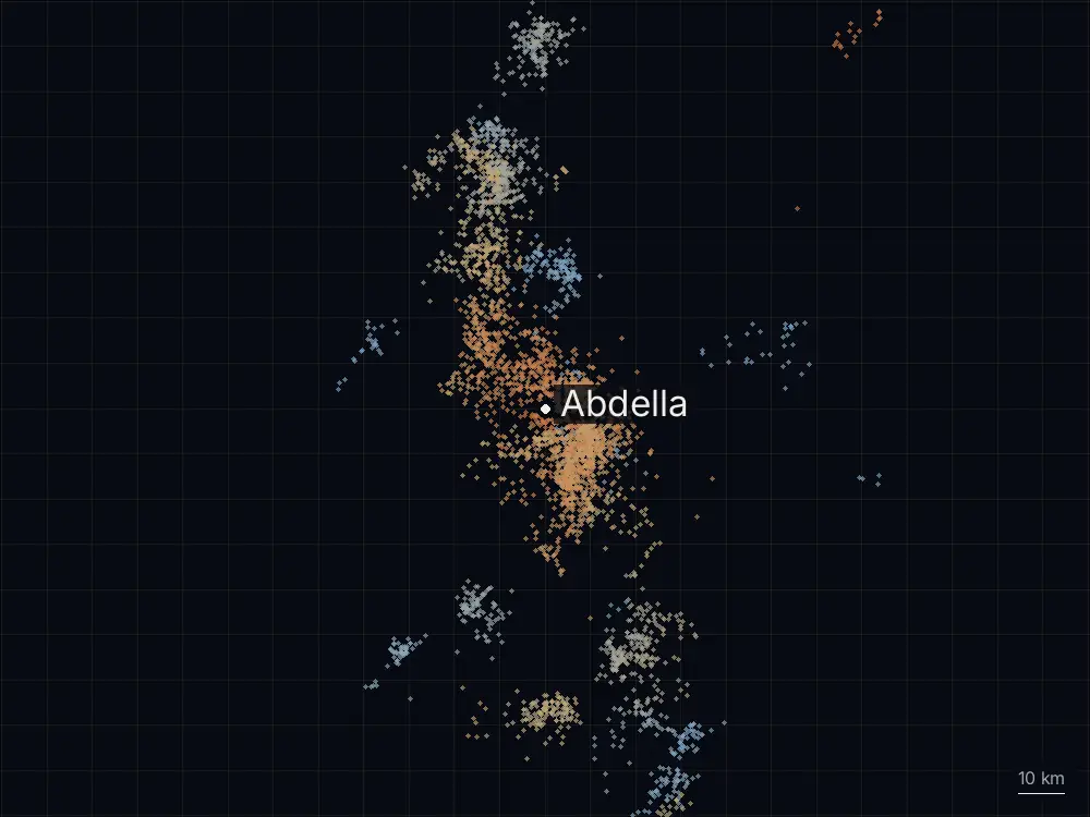 Karte der Blitze bei Abdella am Montag, 24. August 2026