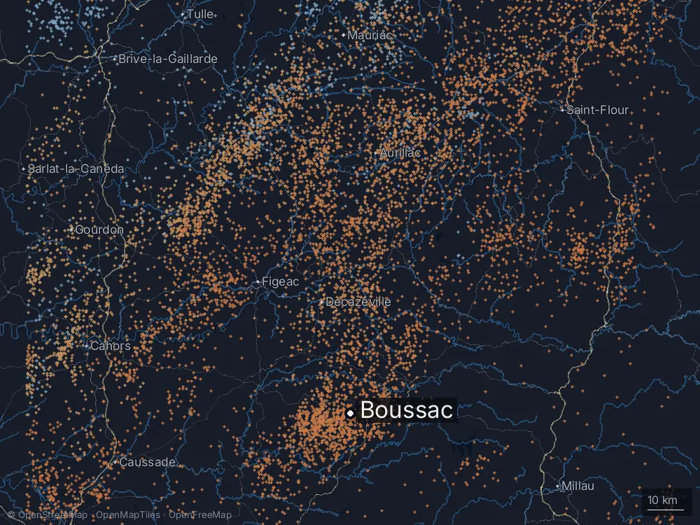 Karte der Blitze bei Boussac am Montag, 24. August 2026