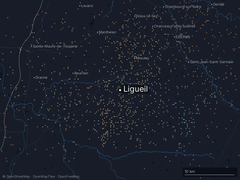 Karte der Blitze bei Ligueil am Montag, 24. August 2026