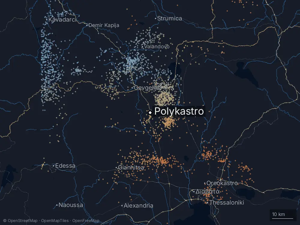 Karte der Blitze bei Polykastro am Montag, 24. August 2026