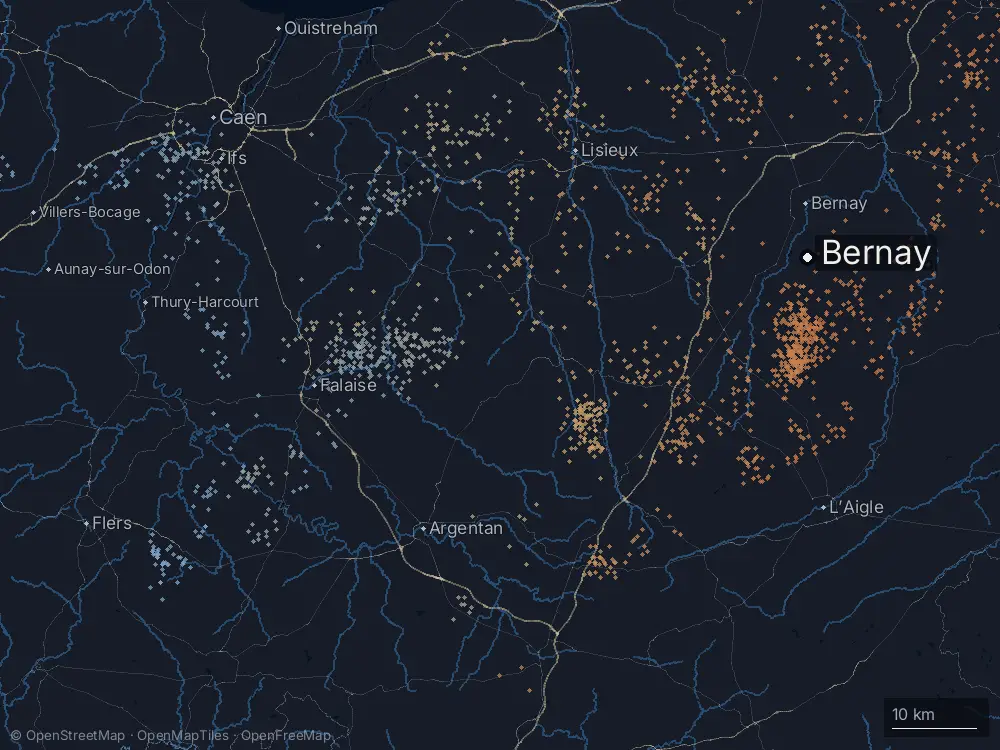 Karte der Blitze bei Bernay am Dienstag, 25. August 2026