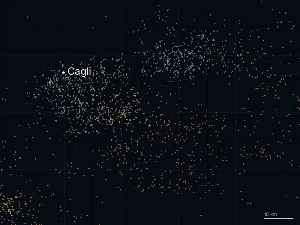 Karte der Blitze bei Cagli am Dienstag, 25. August 2026