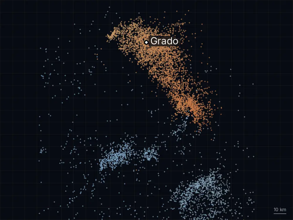 Karte der Blitze bei Grado am Dienstag, 25. August 2026