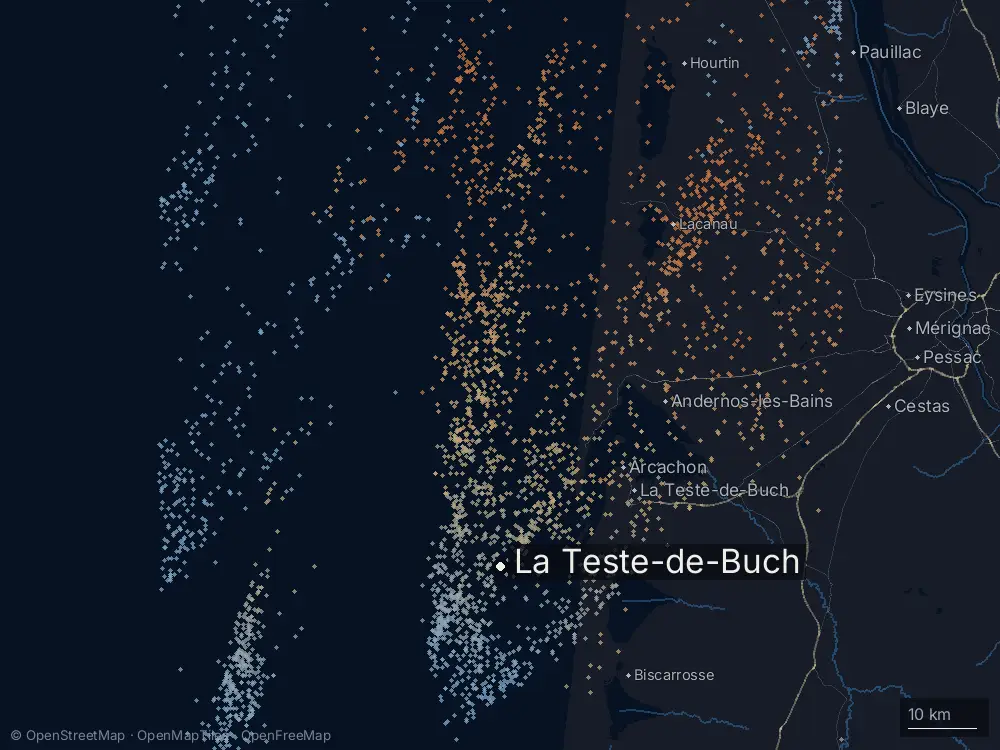 Karte der Blitze bei La Teste-de-Buch am Mittwoch, 26. August 2026