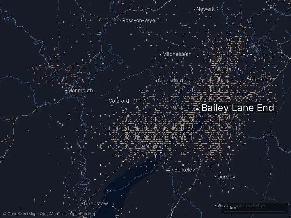 Karte der Blitze bei Bailey Lane End am Donnerstag, 27. August 2026