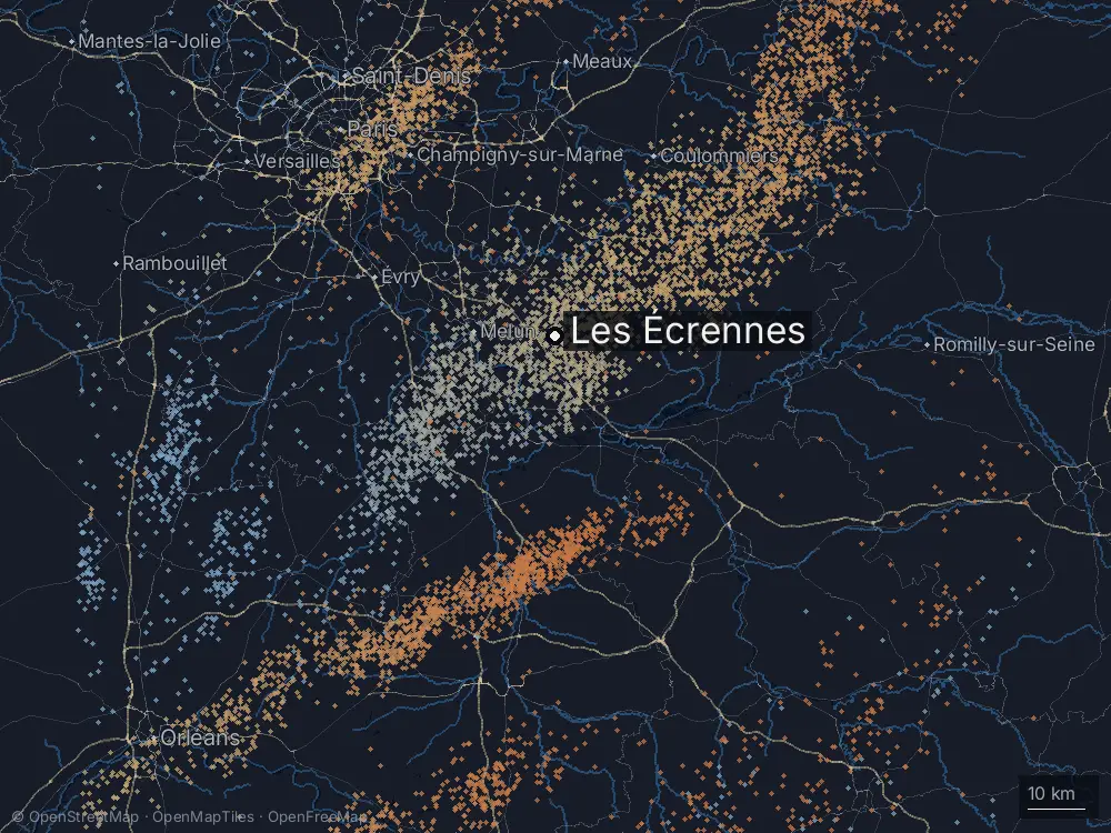 Karte der Blitze bei Les Écrennes am Donnerstag, 27. August 2026