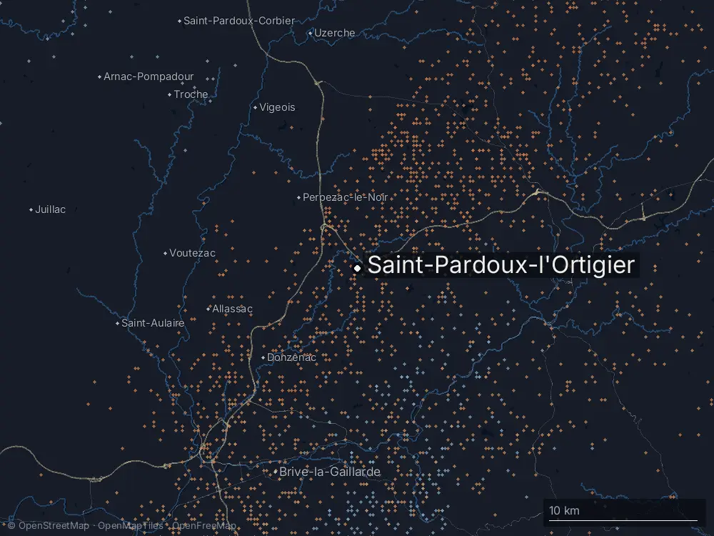 Karte der Blitze bei Saint-Pardoux-l'Ortigier am Donnerstag, 27. August 2026