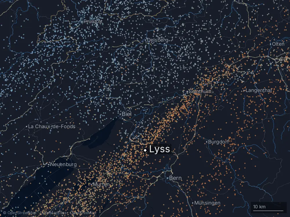 Karte der Blitze bei Lyss am Freitag, 28. August 2026