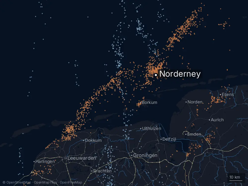Karte der Blitze bei Norderney am Freitag, 28. August 2026