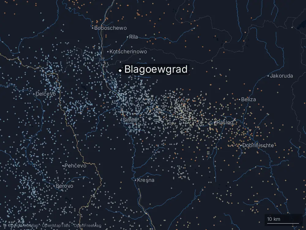 Karte der Blitze bei Blagoewgrad am Samstag, 29. August 2026