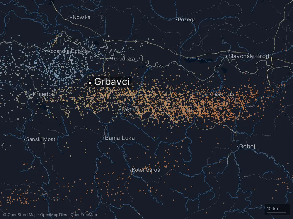 Karte der Blitze bei Grbavci am Samstag, 29. August 2026