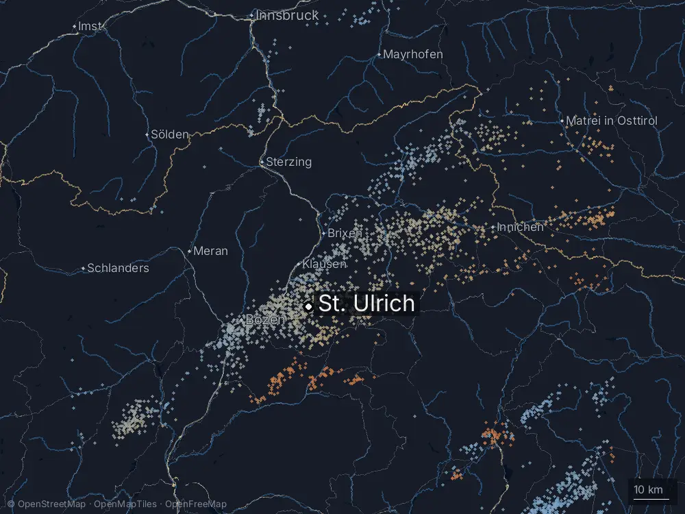 Karte der Blitze bei St. Ulrich am Samstag, 29. August 2026
