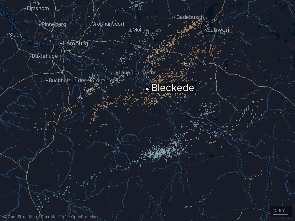 Karte der Blitze bei Bleckede am Montag, 31. August 2026