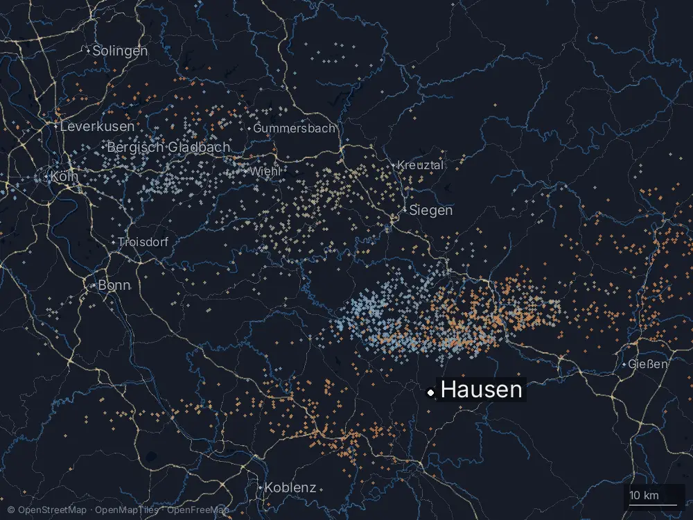 Karte der Blitze bei Hausen am Montag, 31. August 2026
