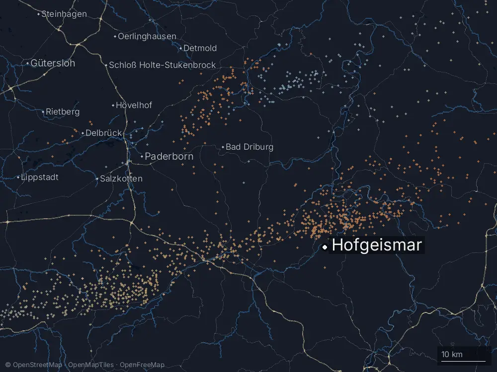 Karte der Blitze bei Hofgeismar am Montag, 31. August 2026