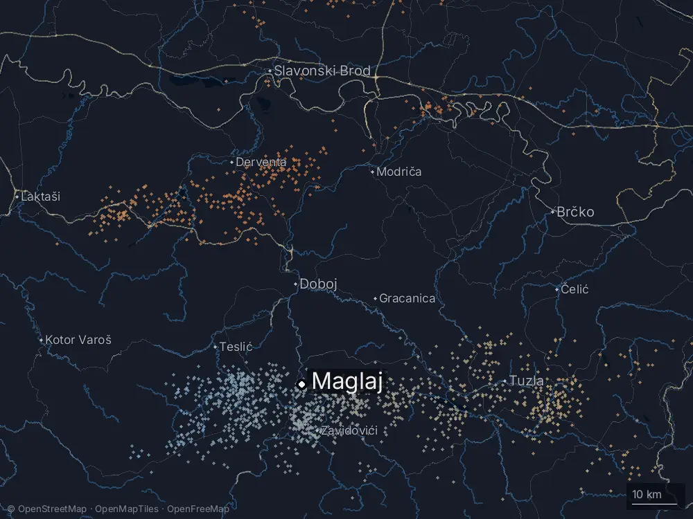 Karte der Blitze bei Maglaj am Montag, 31. August 2026