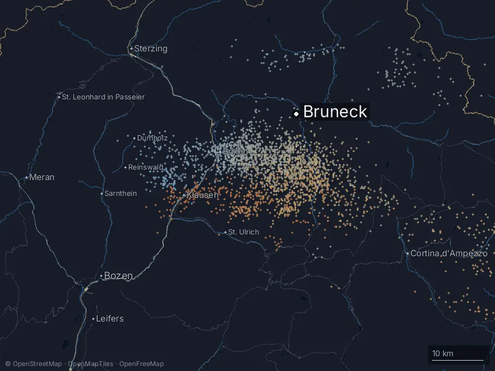 Karte der Blitze bei Bruneck am Dienstag, 1. September 2026