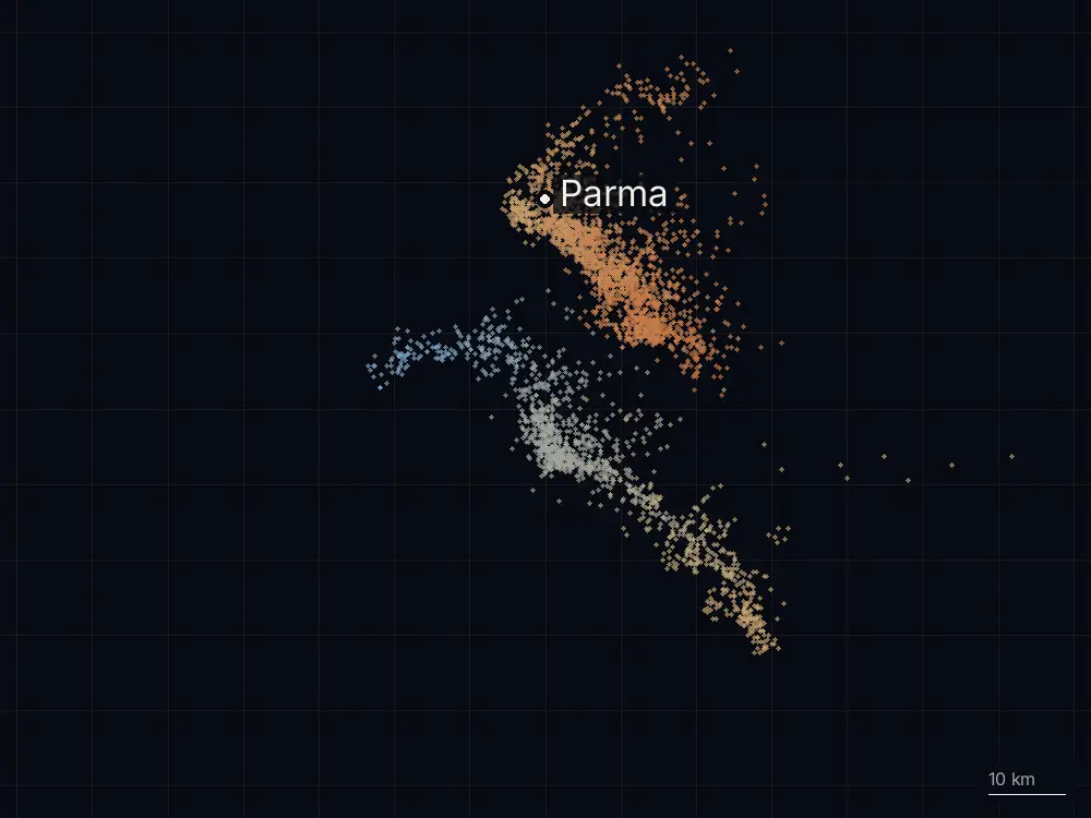 Karte der Blitze bei Parma am Dienstag, 1. September 2026