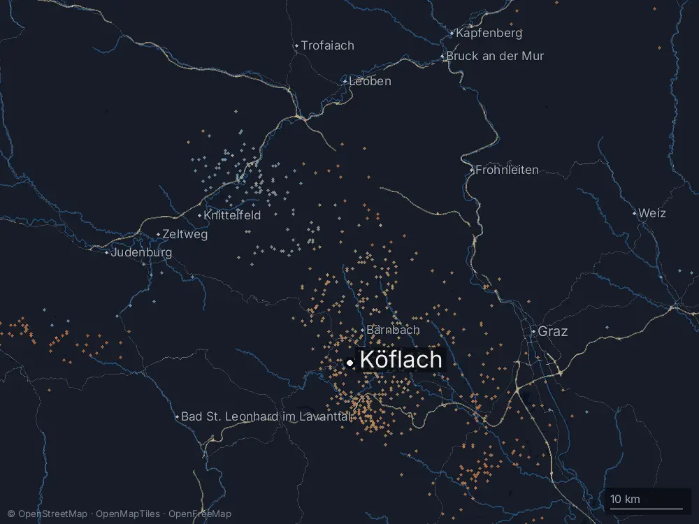 Karte der Blitze bei Köflach am Mittwoch, 2. September 2026