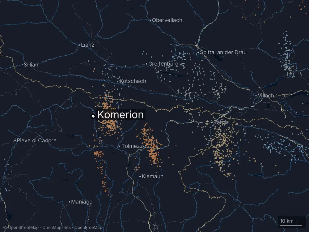 Karte der Blitze bei Komerion am Mittwoch, 2. September 2026