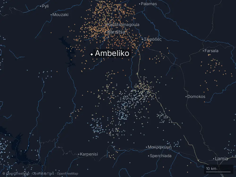 Karte der Blitze bei Ambeliko am Donnerstag, 3. September 2026