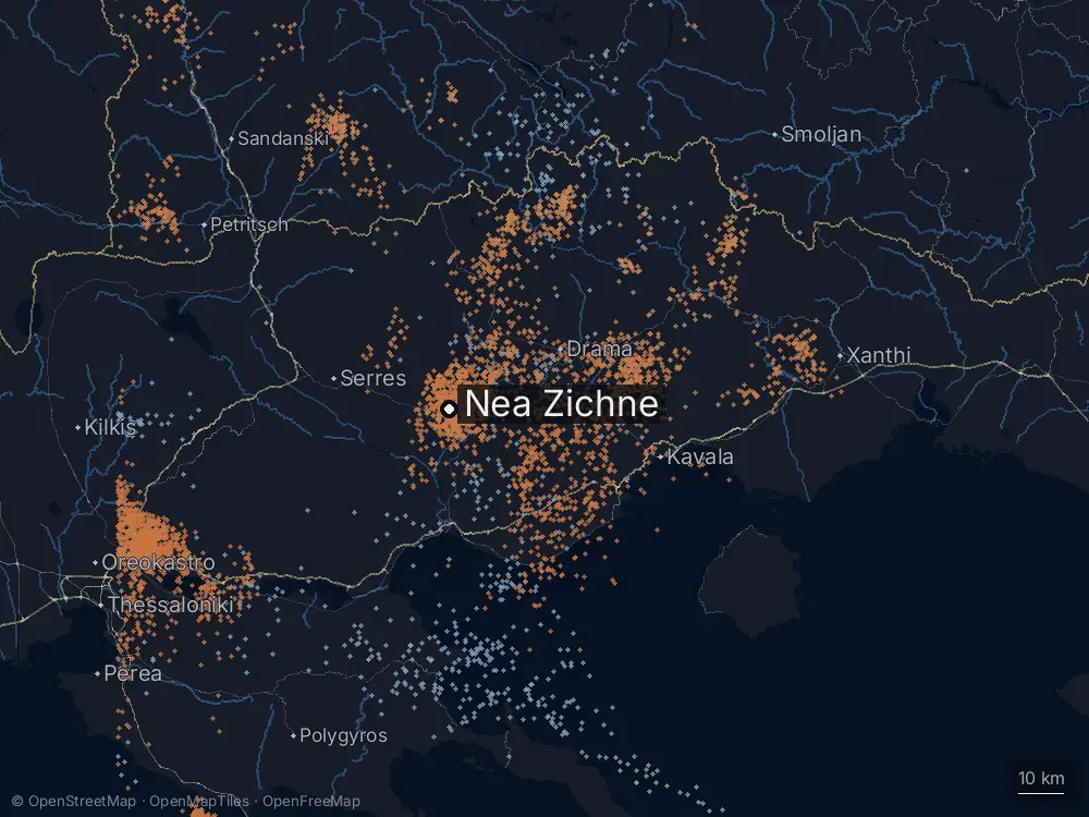 Karte der Blitze bei Nea Zichne am Donnerstag, 3. September 2026