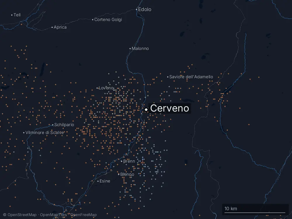 Karte der Blitze bei Cerveno am Dienstag, 8. September 2026