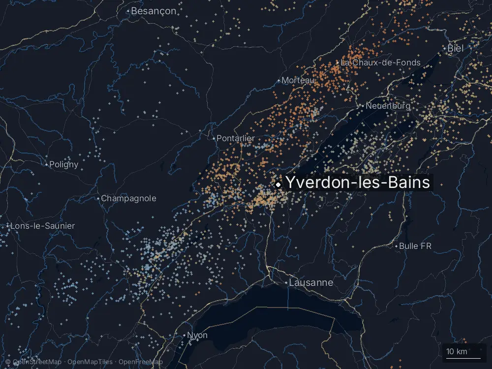 Karte der Blitze bei Yverdon-les-Bains am Dienstag, 8. September 2026