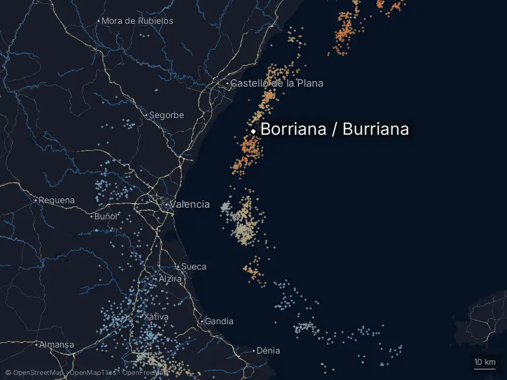 Karte der Blitze bei Borriana / Burriana am Mittwoch, 9. September 2026