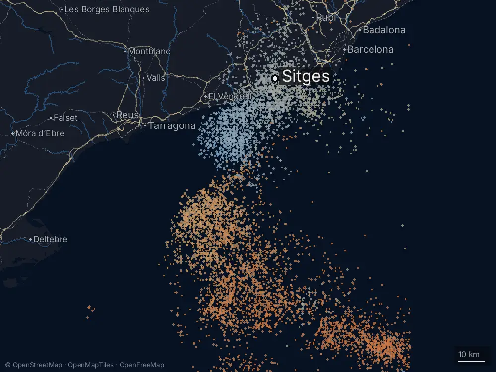 Karte der Blitze bei Sitges am Mittwoch, 9. September 2026