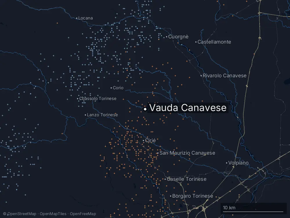 Karte der Blitze bei Vauda Canavese am Mittwoch, 9. September 2026