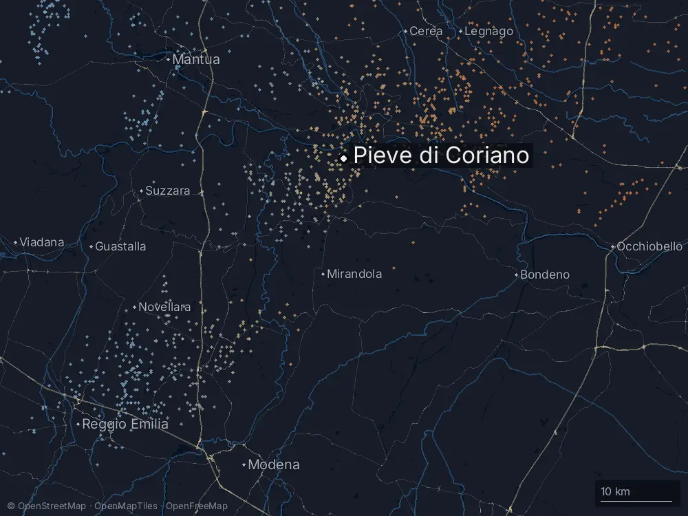 Karte der Blitze bei Pieve di Coriano am Donnerstag, 10. September 2026