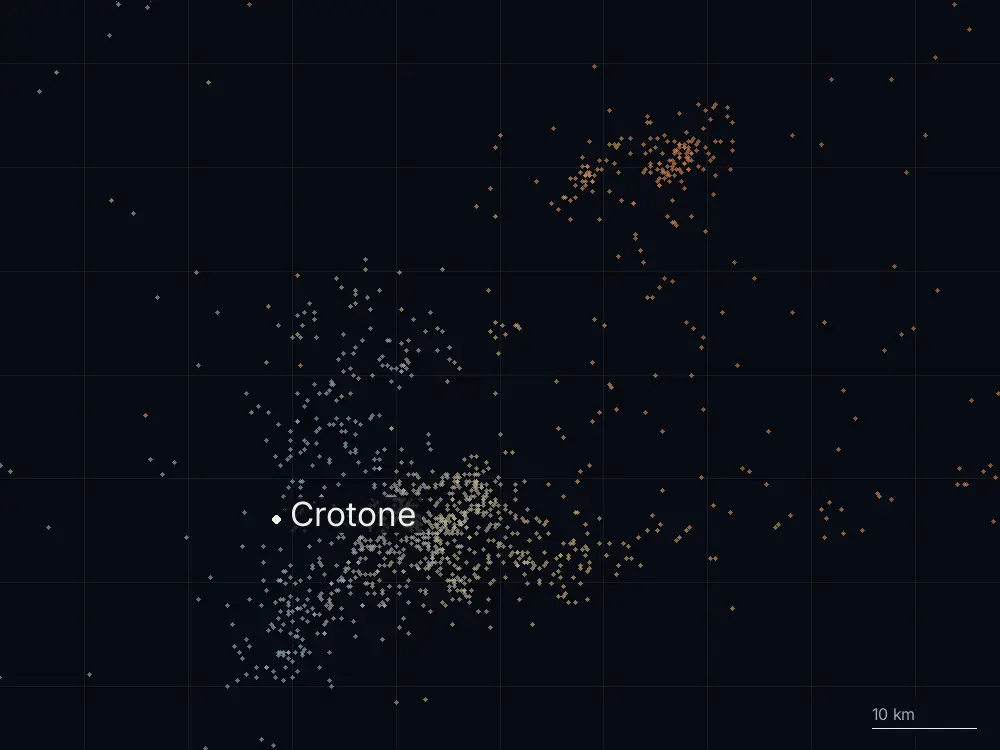 Karte der Blitze bei Crotone am Samstag, 12. September 2026