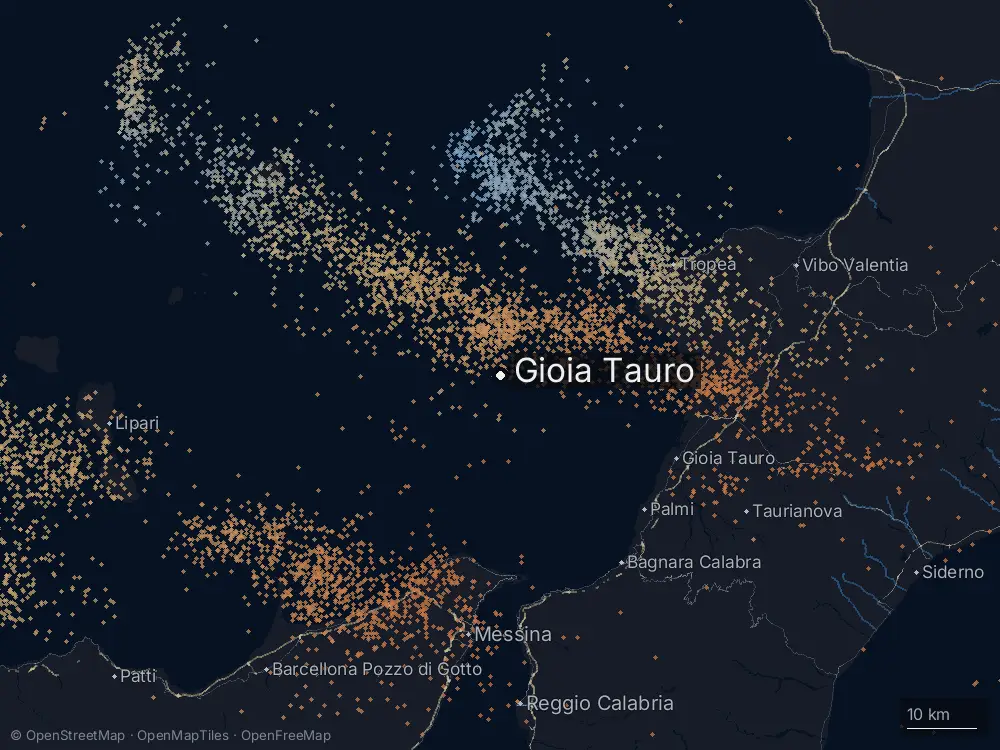 Karte der Blitze bei Gioia Tauro am Sonntag, 13. September 2026