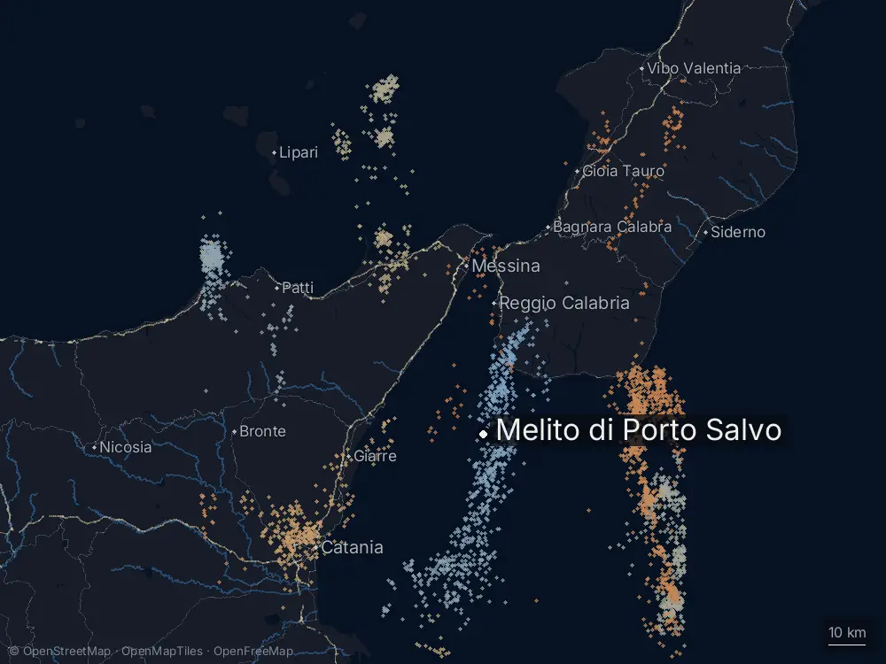 Karte der Blitze bei Melito di Porto Salvo am Dienstag, 15. September 2026