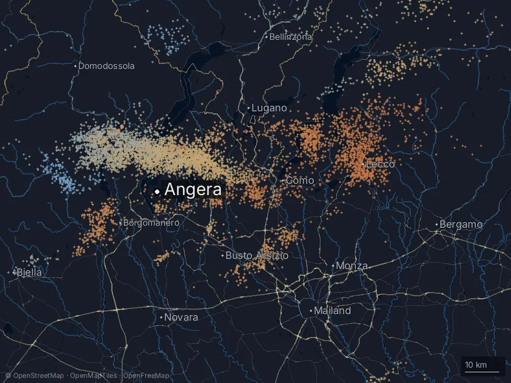 Karte der Blitze bei Angera am Mittwoch, 16. September 2026
