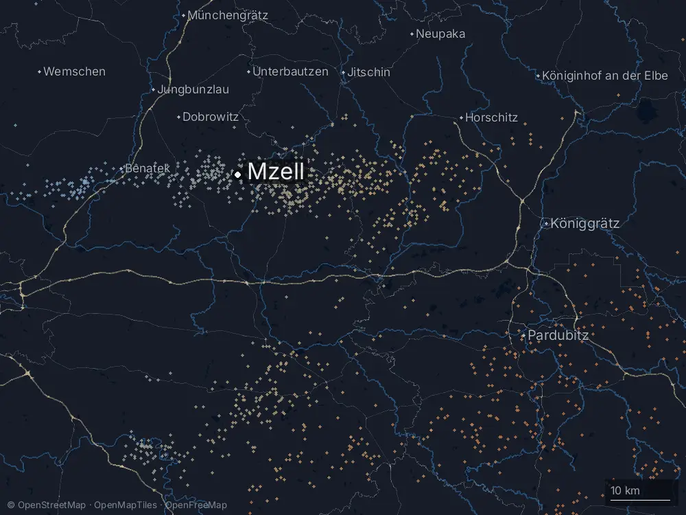 Karte der Blitze bei Mzell am Mittwoch, 16. September 2026