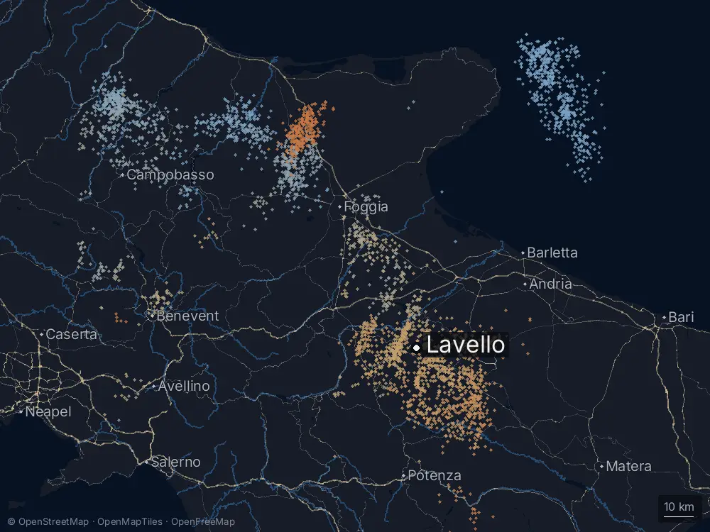Karte der Blitze bei Lavello am Freitag, 18. September 2026