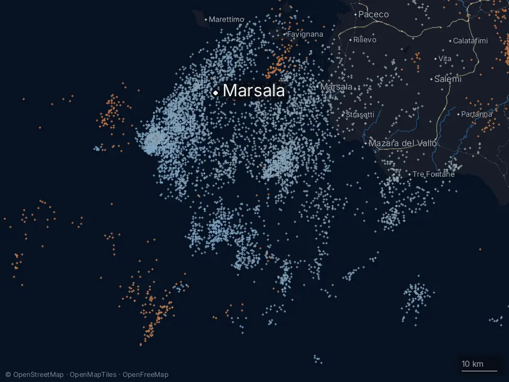 Karte der Blitze bei Marsala am Samstag, 19. September 2026