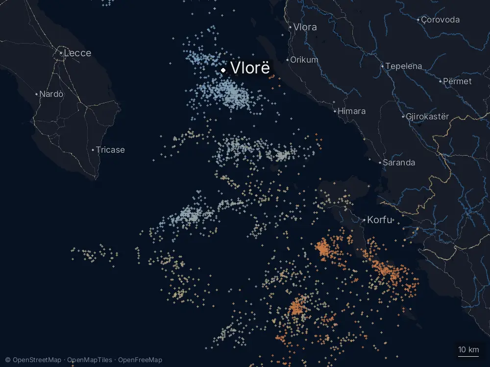 Karte der Blitze bei Vlorë am Freitag, 25. September 2026