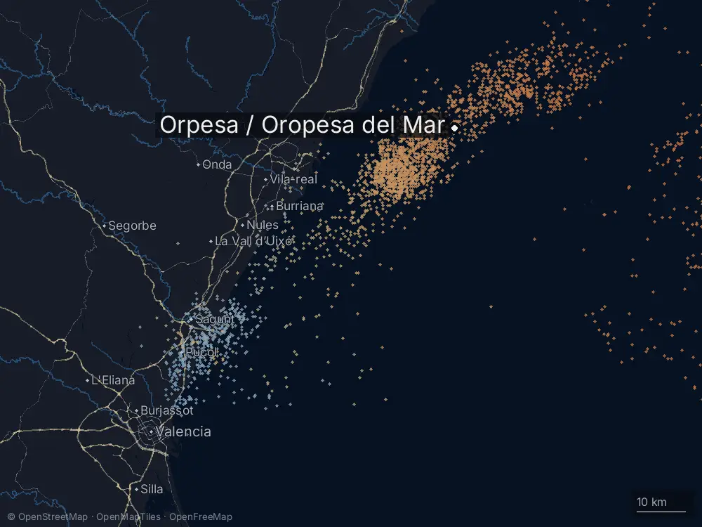 Karte der Blitze bei Orpesa / Oropesa del Mar am Dienstag, 29. September 2026