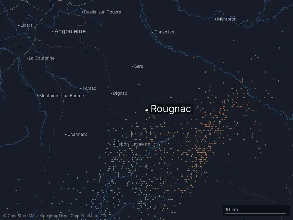 Karte der Blitze bei Rougnac am Mittwoch, 30. September 2026