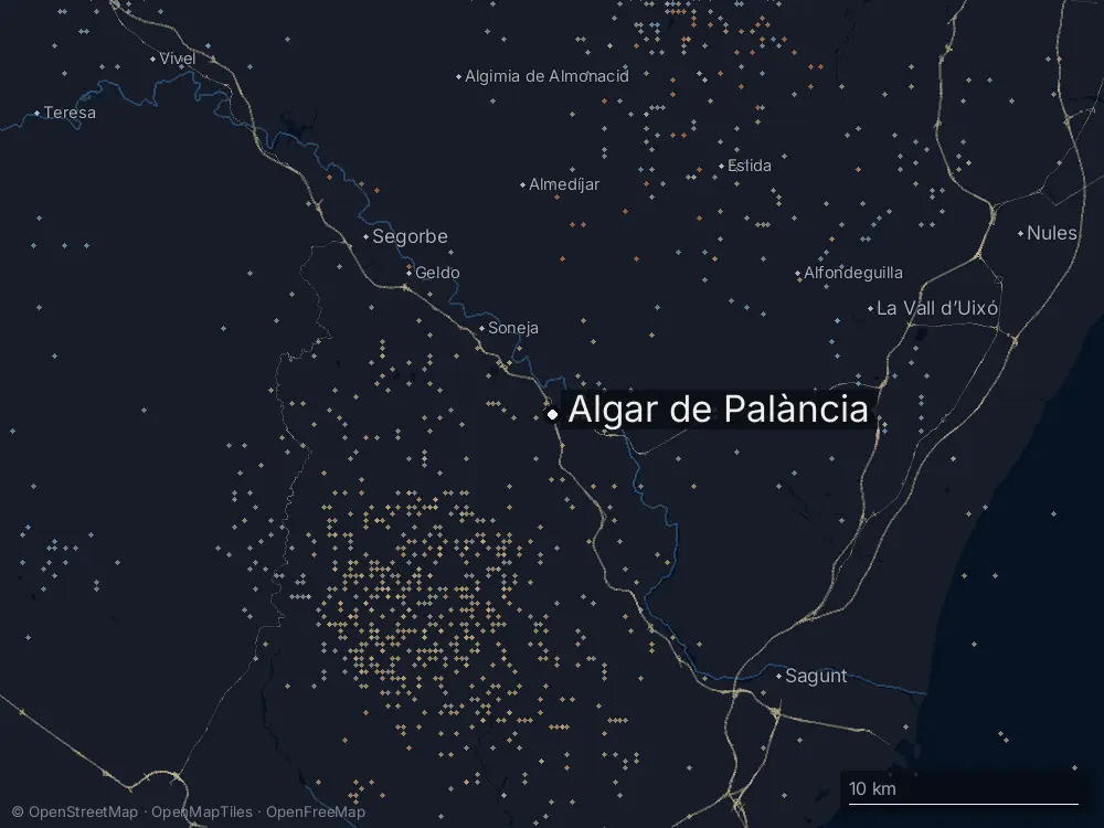 Karte der Blitze bei Algar de Palància am Donnerstag, 1. Oktober 2026