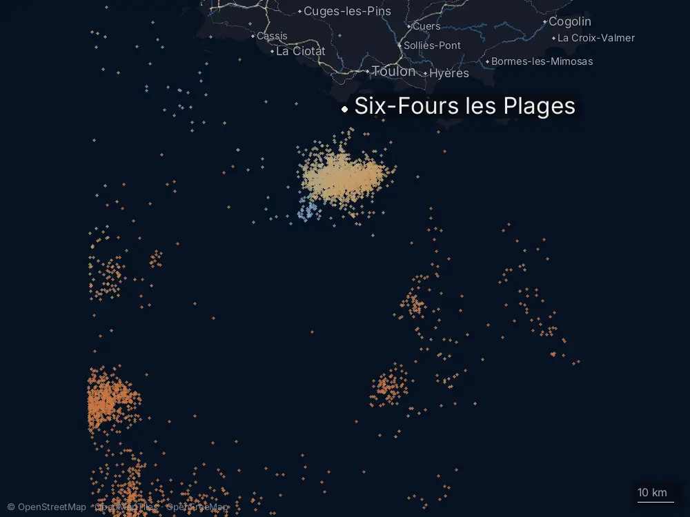 Karte der Blitze bei Six-Fours les Plages am Donnerstag, 1. Oktober 2026