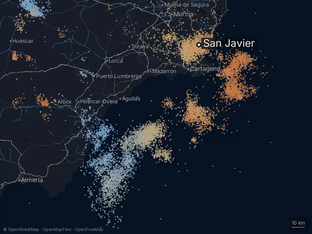 Karte der Blitze bei San Javier am Freitag, 2. Oktober 2026